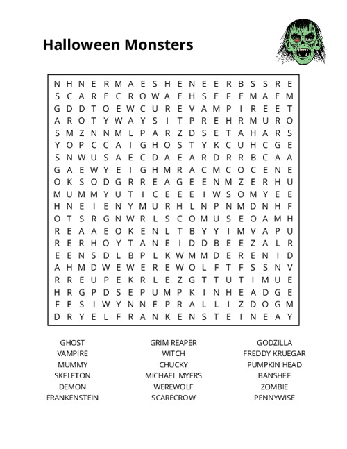 Halloween Monsters Word Search Puzzle