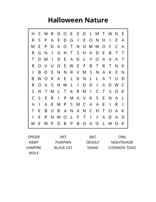 Halloween Nature Word Search Puzzle