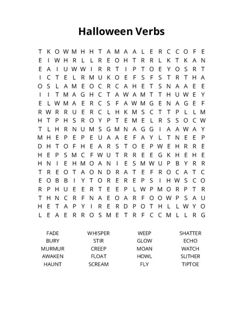 Halloween Verbs Word Search Puzzle