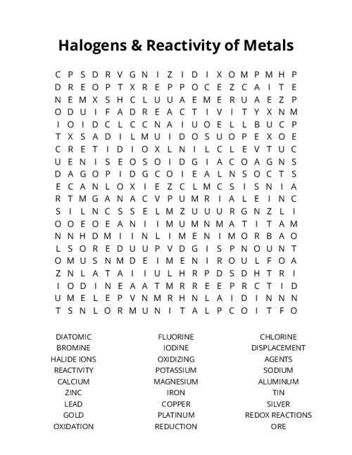 Halogens & Reactivity of Metals Word Search Puzzle