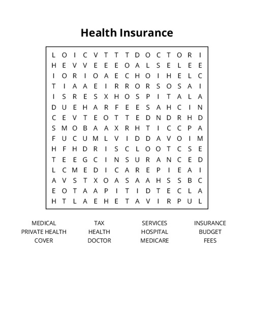 Health Insurance Word Search Puzzle
