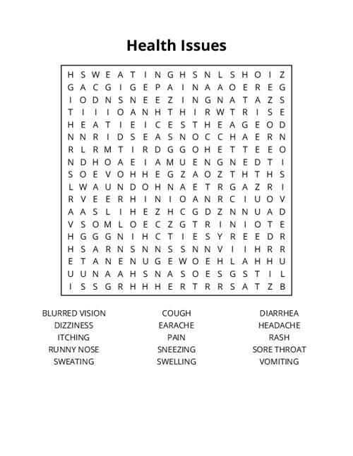 Health Issues Word Search Puzzle