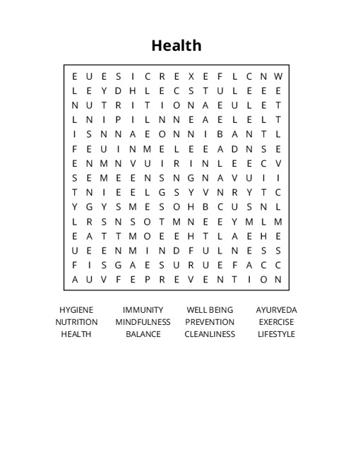 Health Word Search Puzzle