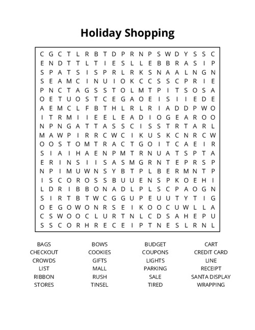 Holiday Shopping Word Search Puzzle