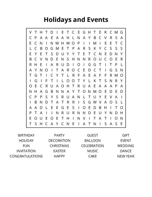 Holidays and Events Word Search Puzzle