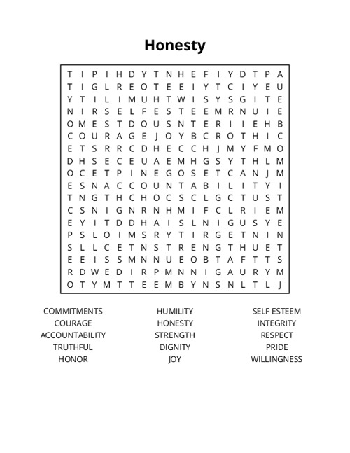 Honesty Word Search Puzzle