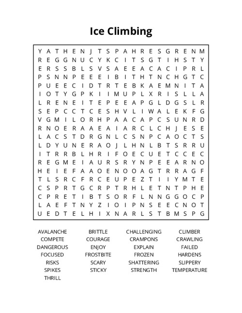 Ice Climbing Word Search Puzzle