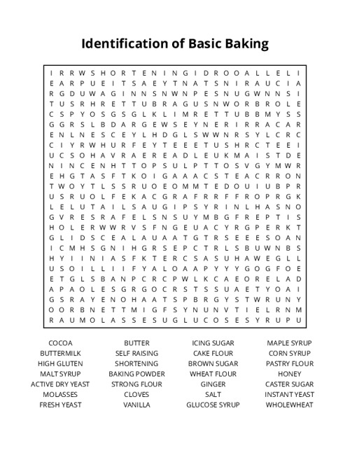 Identification of Basic Baking Ingredients Word Search Puzzle