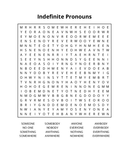 Indefinite Pronouns Word Search Puzzle