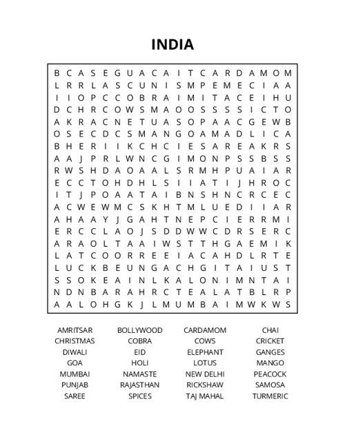 INDIA Word Search Puzzle