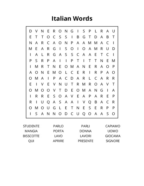 Italian Words Word Search Puzzle