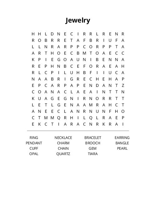 Jewelry Word Search Puzzle