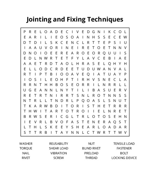 Jointing and Fixing Techniques Word Search Puzzle