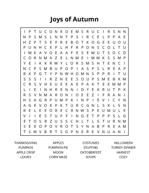 Joys of Autumn Word Search Puzzle