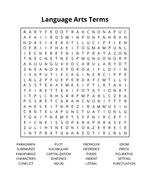 Language Arts Terms Word Search Puzzle
