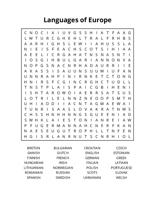 Languages of Europe Word Search Puzzle