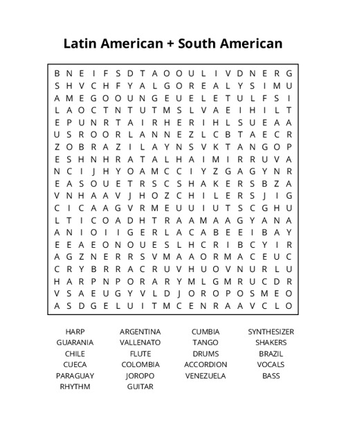 Latin American + South American Music Word Search Puzzle