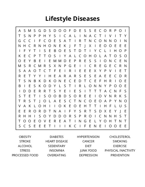 Lifestyle Diseases Word Search Puzzle
