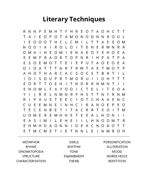 Literary Techniques Word Search Puzzle
