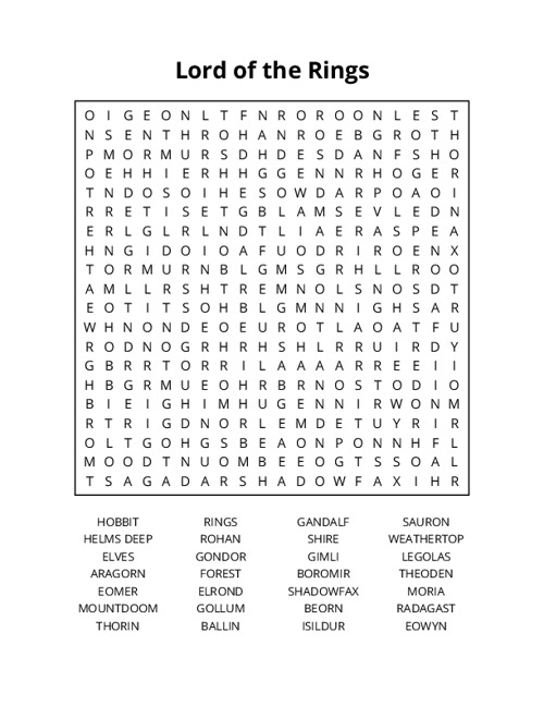 Lord of the Rings Word Search Puzzle