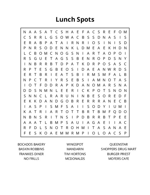 Lunch Spots Word Search Puzzle