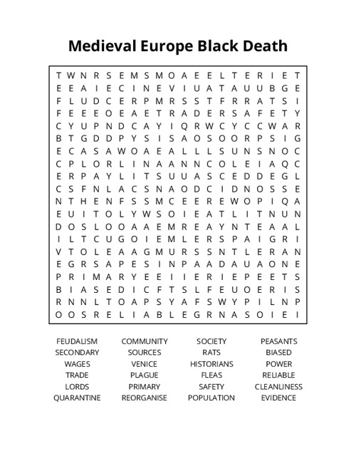 Medieval Europe Black Death Word Search Puzzle
