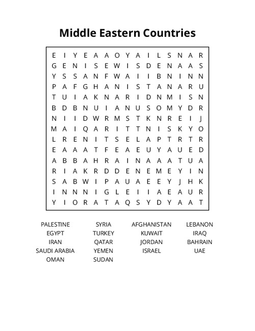 Middle Eastern Countries Word Search Puzzle