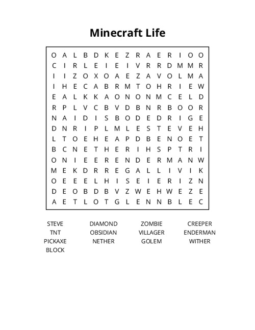 Minecraft Life Word Search Puzzle