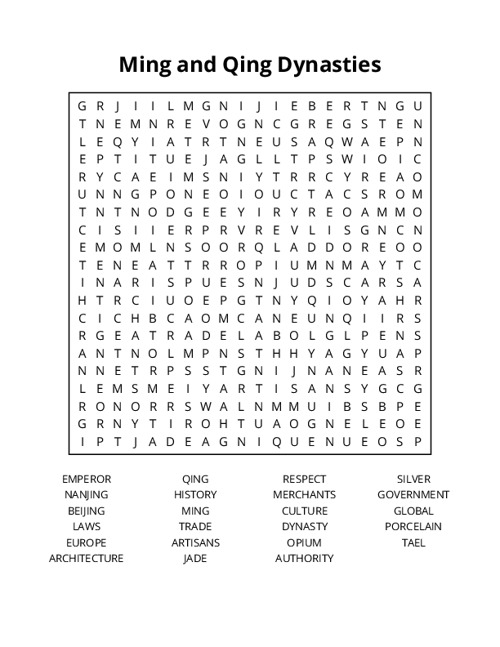 Ming and Qing Dynasties Word Search Puzzle