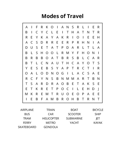 Modes of Travel Word Search Puzzle