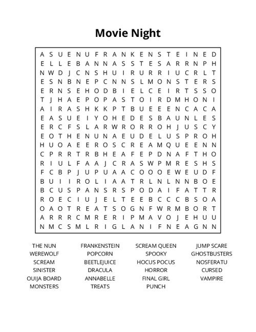 Movie Night Word Search Puzzle