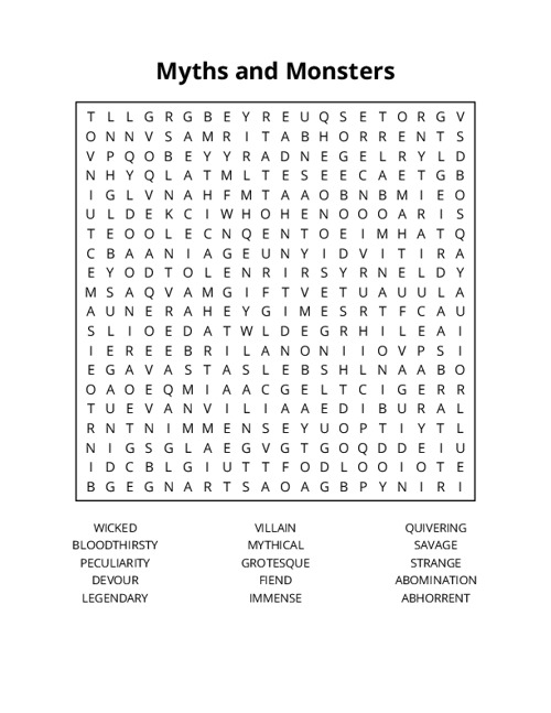 Myths and Monsters Word Search Puzzle