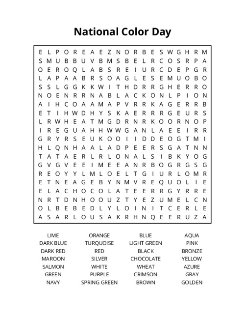 National Color Day Word Search Puzzle