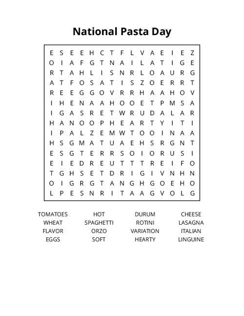 National Pasta Day Word Search Puzzle