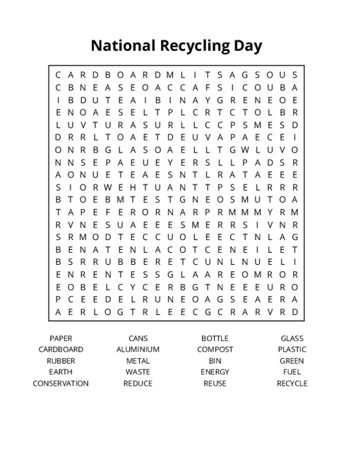 National Recycling Day Word Search Puzzle