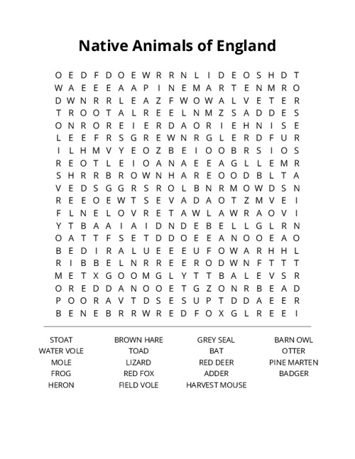 Native Animals of England Word Search Puzzle