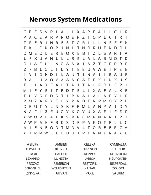 Nervous System Medications Word Search Puzzle