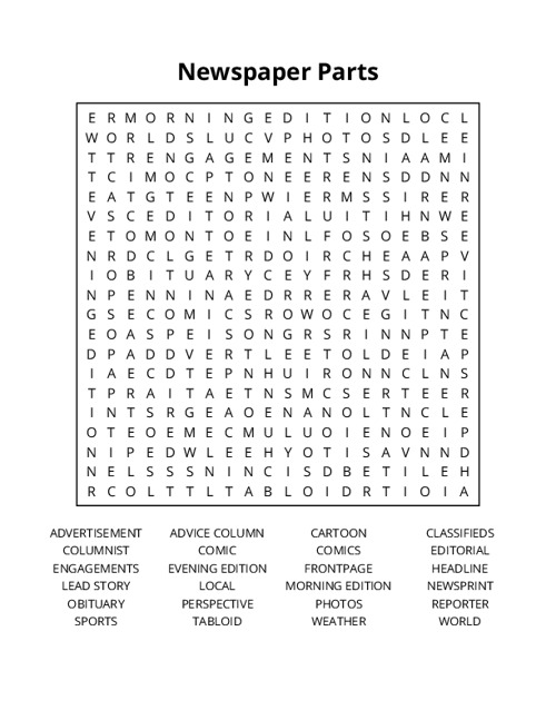 Newspaper Parts Word Search Puzzle