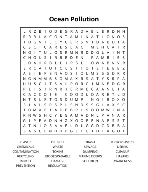 Ocean Pollution Word Search Puzzle
