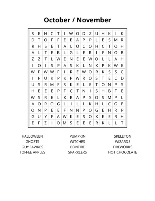 October / November Word Search Puzzle