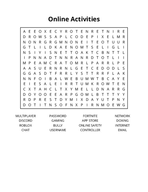 Online Activities Word Search Puzzle