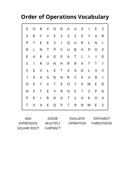Order of Operations Vocabulary Word Search Puzzle