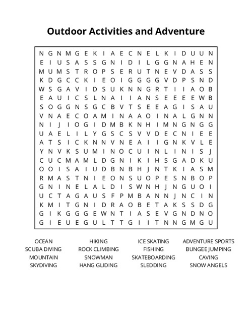 Outdoor Activities and Adventure Sports Word Search Puzzle