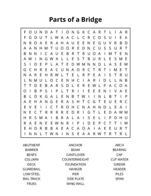 Parts of a Bridge Word Search Puzzle