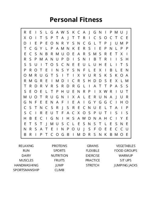 Personal Fitness Word Search Puzzle