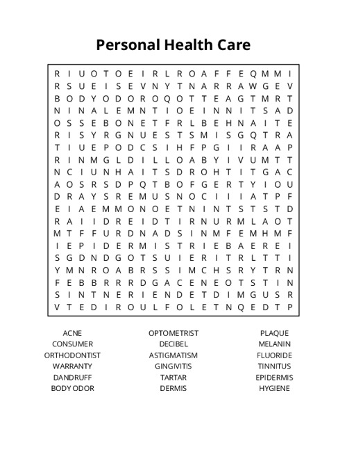 Personal Health Care Word Search Puzzle