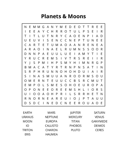 Planets & Moons Word Search Puzzle