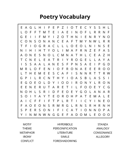 Poetry Vocabulary Word Search Puzzle