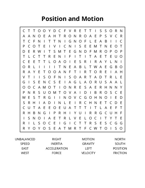 Position and Motion Word Search Puzzle
