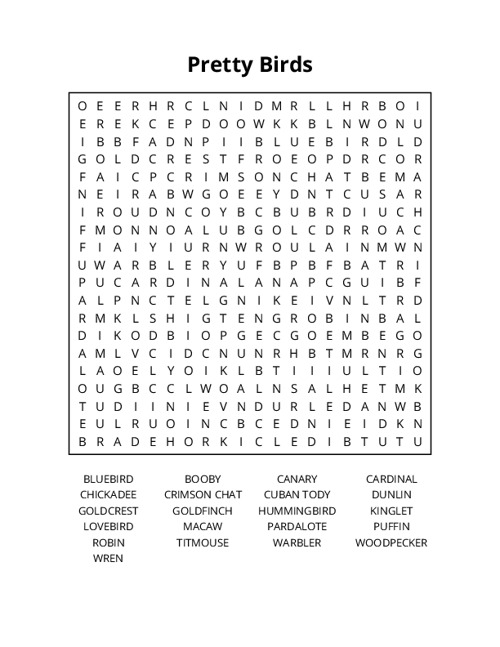 Pretty Birds Word Search Puzzle